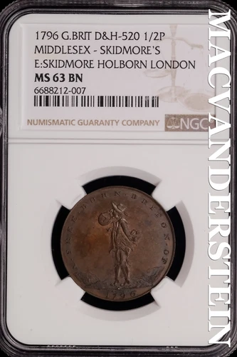 Great Britain: 1796 Middlesex Halfpenny D&H-520 - NGC MS 63 BN - Scarce  #SLG447