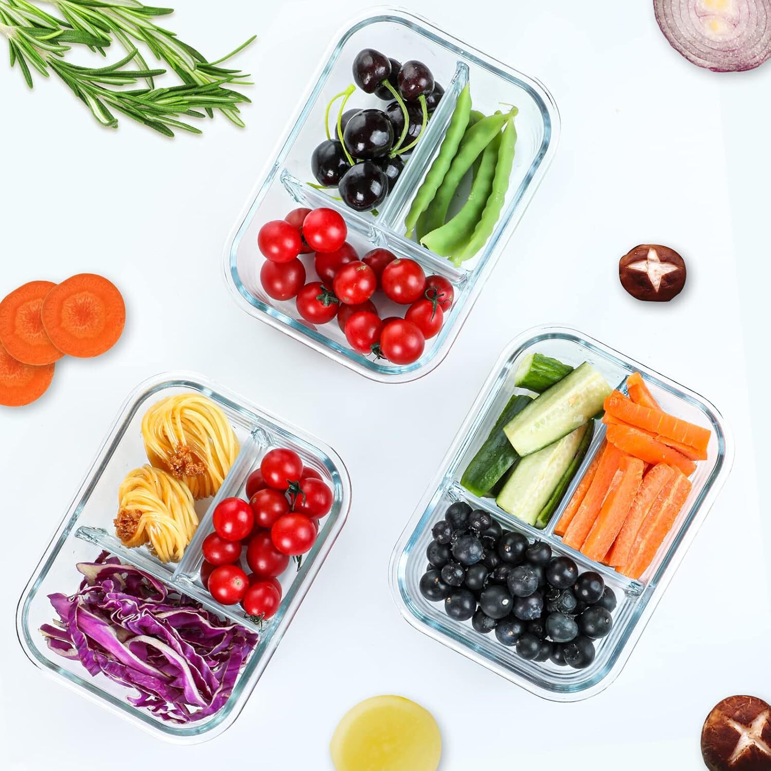 5 Pack, 3 Compartment Lidded Glass Meal Prep Container,Glass Lunch Box,Bento Box