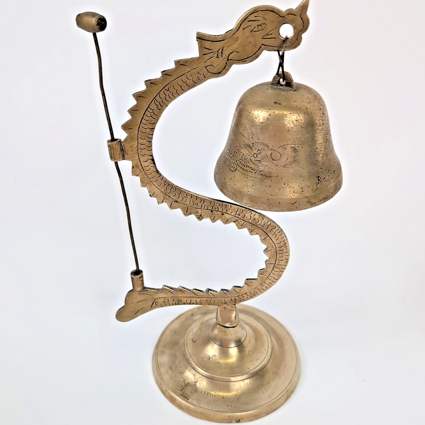 VTG Brass Dragon Gong & Cobra Snake Bell Asian Temple Ritual Buddhist Serpent