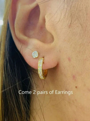 14K Yellow/White Gold Huggies Stud Earrings 2 Set Double Pair Earrings for Women