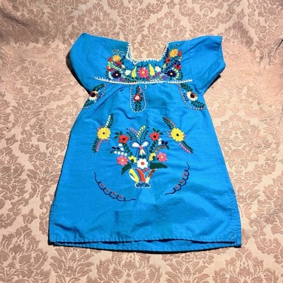 Mexican Girls Blue Dress With Hand Embroidered Flowers Size 2T Toddler Pre-Owned