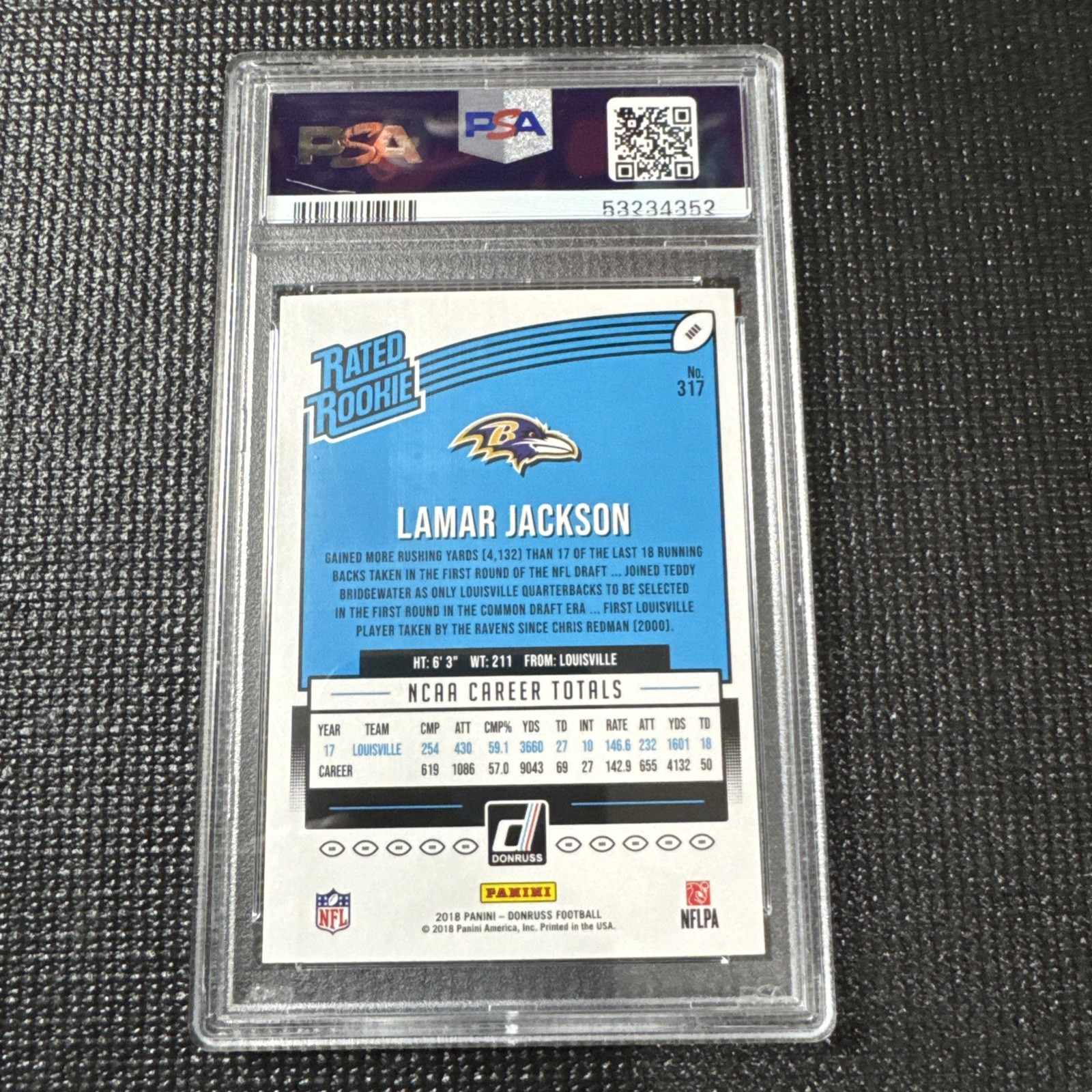 2018 Panini Donruss Rated Rookie Lamar Jackson #317 PSA 9 Mint Ravens Football view 3