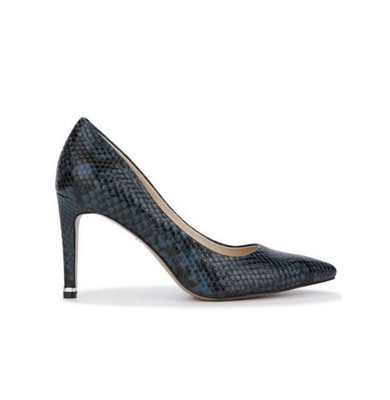 KENNETH COLE  Black Blue Snake Riley 85 Stiletto Slip On Leather Pumps Size 8