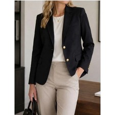 J.Crew Schoolboy Blazer Black Wool Blend Gold Crest Buttons Jacket Preppy Size 8