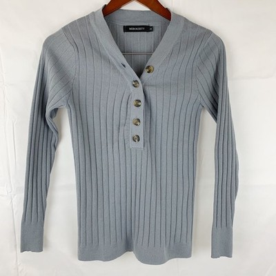 Merokeety Women's Small V-Neck Button Down Long Sleeve Ribbed Sweater Gray