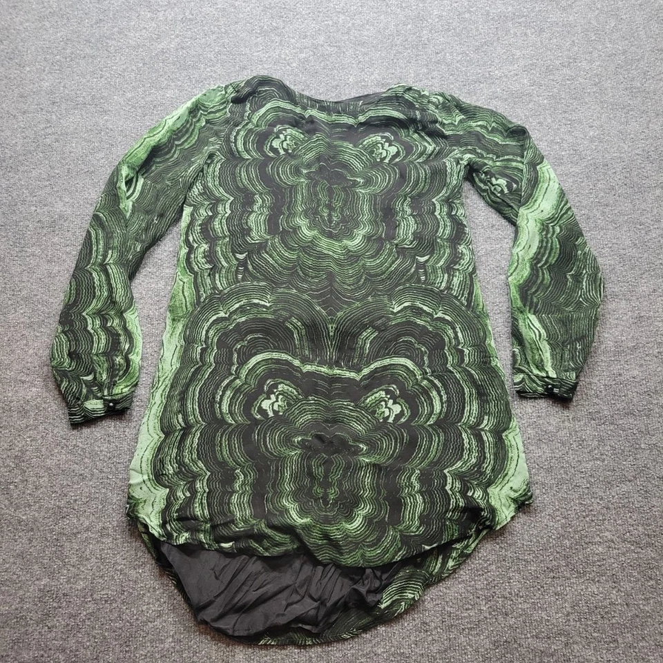 Vestido feminino Nieves Lavi 2 verde preto estampa abstrata seda manga longa coquetel - Imagem 3 de 4