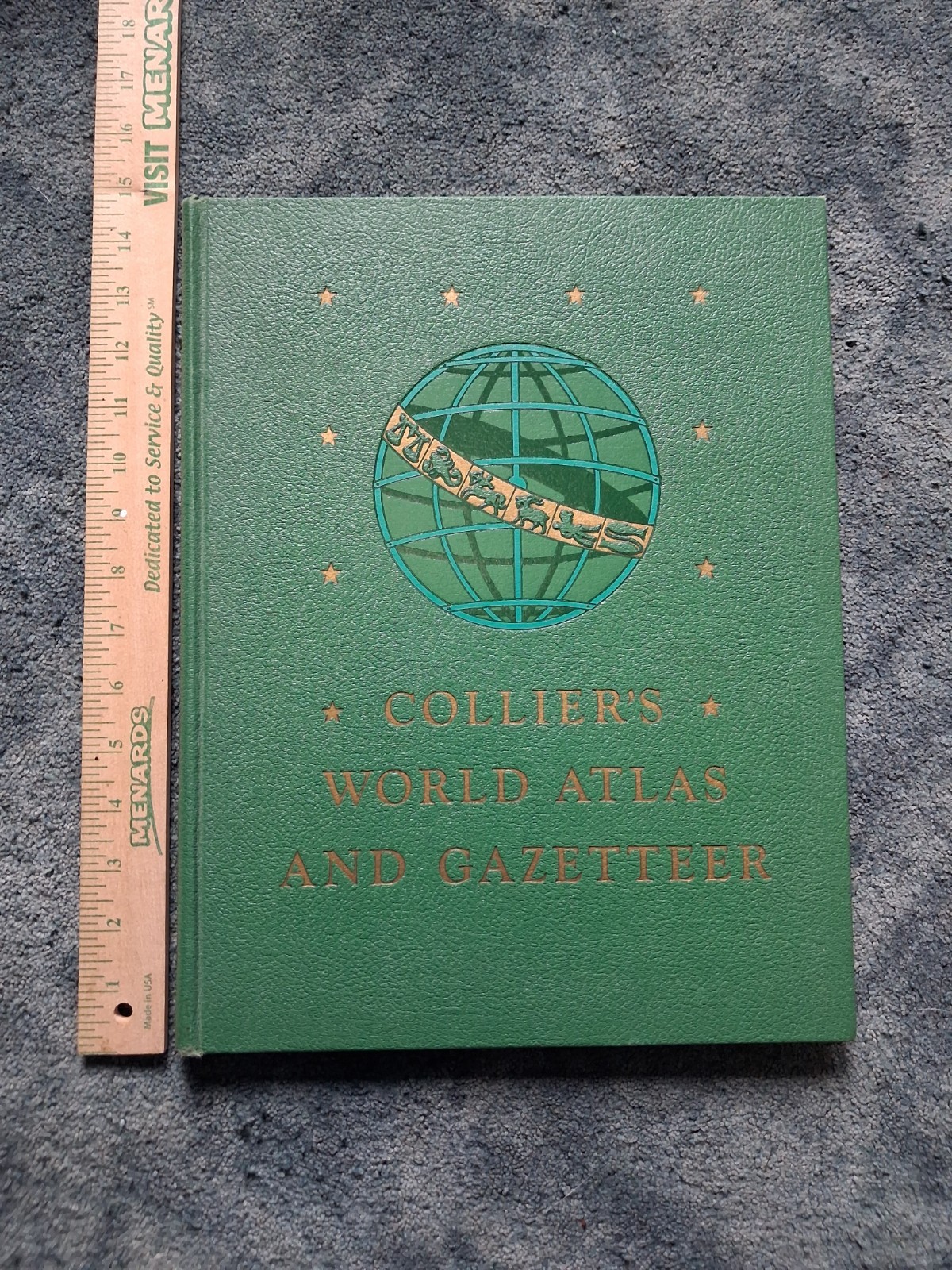 Vintage Colliers World Atlas and Gazetteer Hardcover Green Embossed Globe Map Bo
