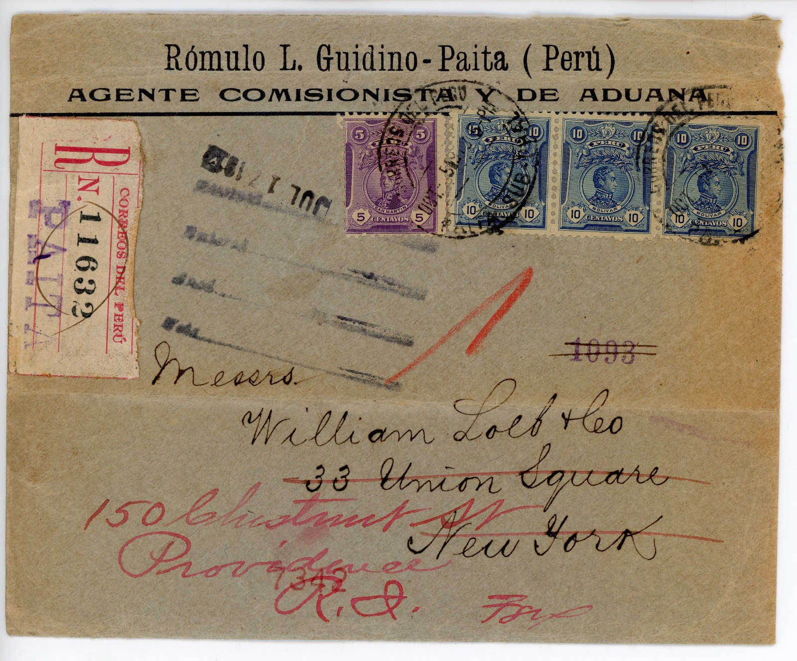 1917 PERU Registered Cover Paita–USA via PANAMA Canal WWI Commercial Wax Seal