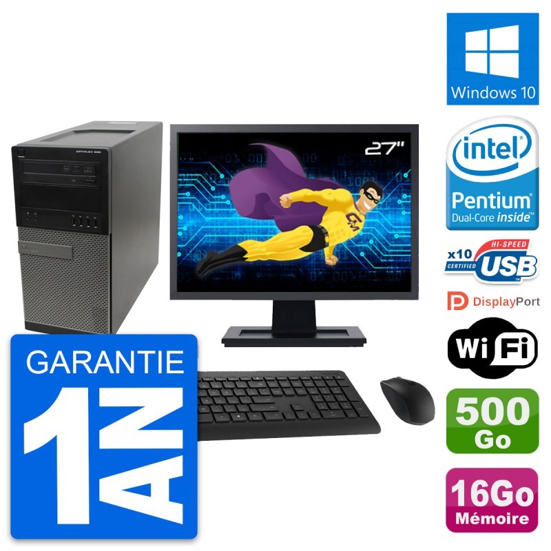 PC Tour Dell 990 Ecran 27" Intel G630 RAM 16Go Disque Dur 500Go Windows 10 Wifi