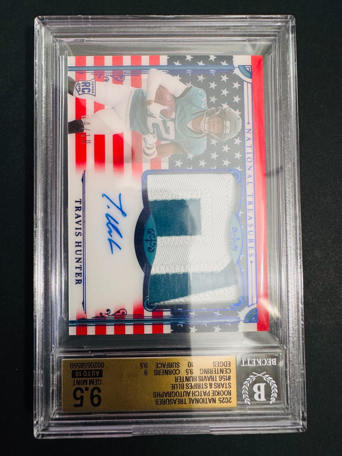 2025 National Treasures Travis Hunter Stars and Stripes Blue 4/10 RPA