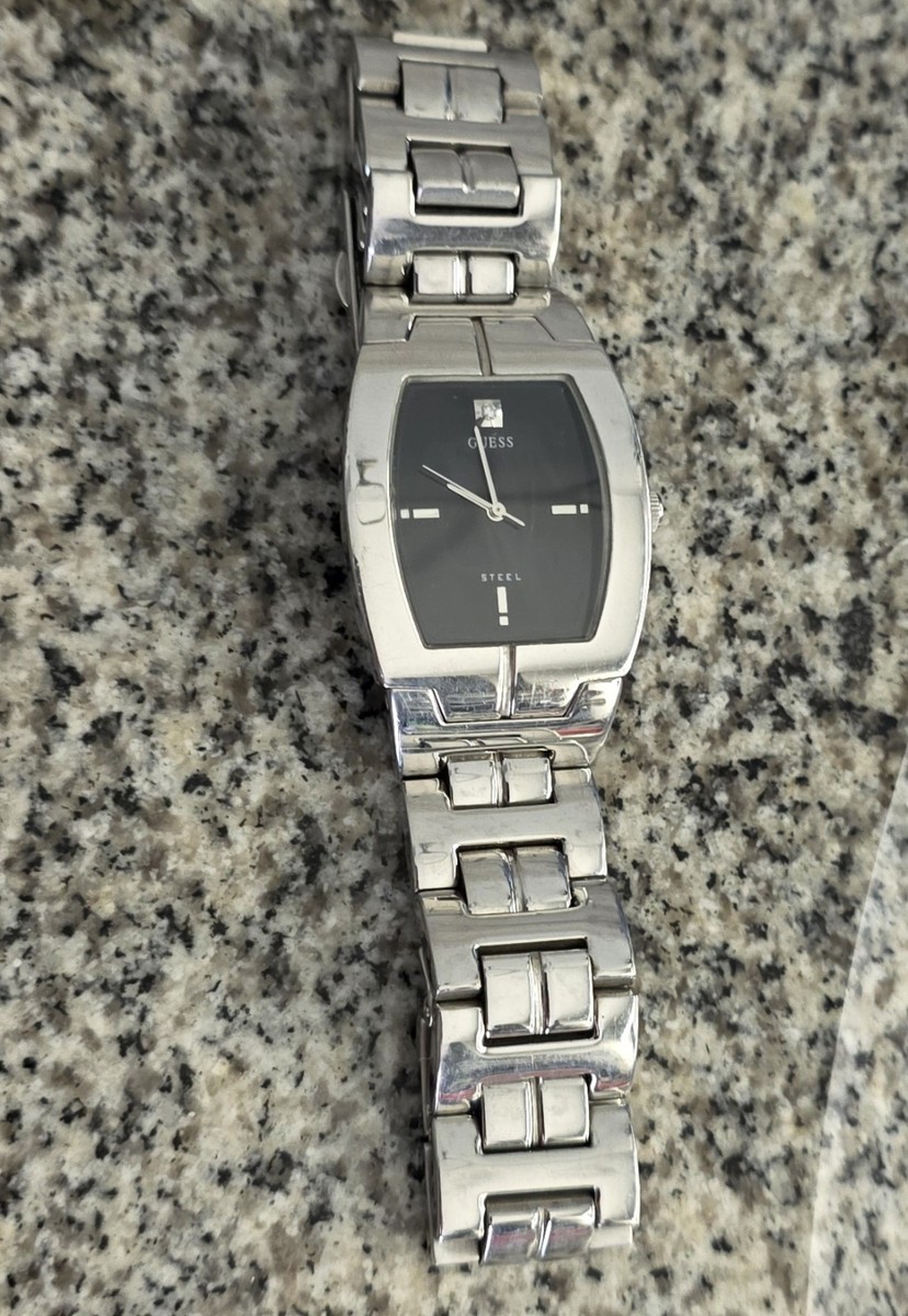 Vintage Men Guess Steel Silver Tone Black Dial Analog Quartz Watch