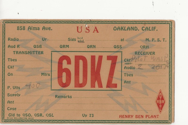 19??  6DKZ   Oakland California  Unused    QSL radio postcard