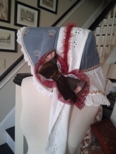 Handmade Original Blue White Ruffled Eyelet Civil War Victorian Sun-Brim Bonnet