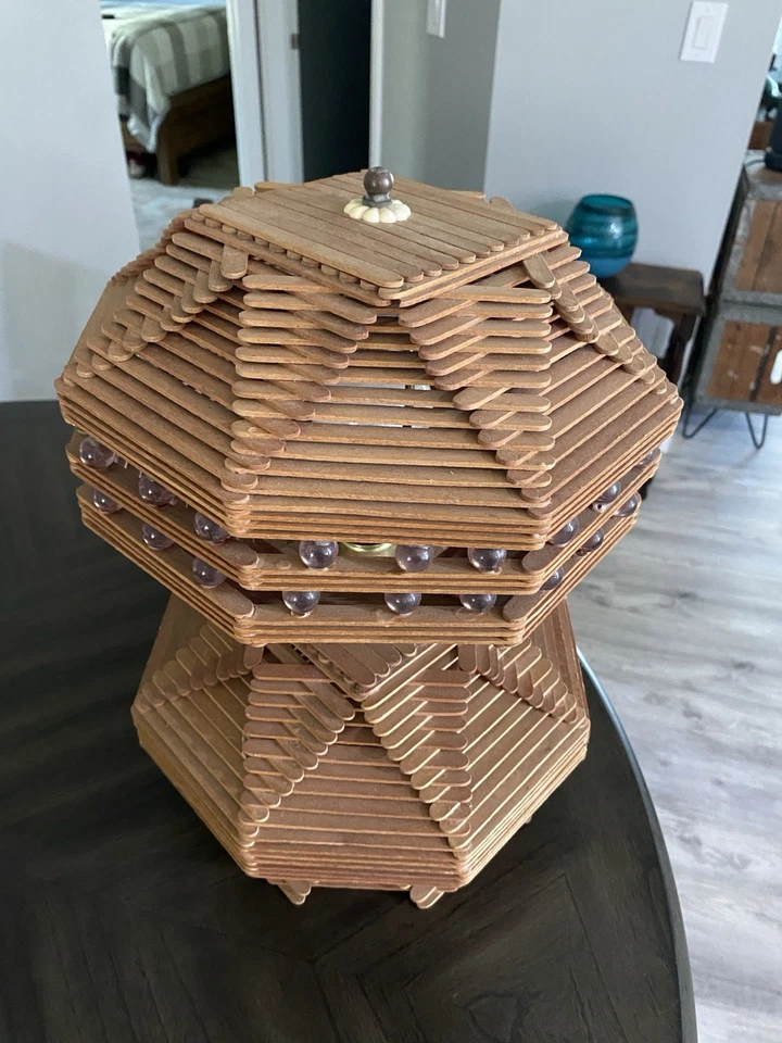 Vintage MCM Tramp Art Mid Century Folk Art Primitive Popsicle Stick Table Lamp - Image 3 of 4