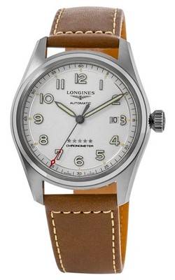 Longines Spirit Automatisch Cosc Silber Ziffernblatt Braunes Leder Herren Uhr