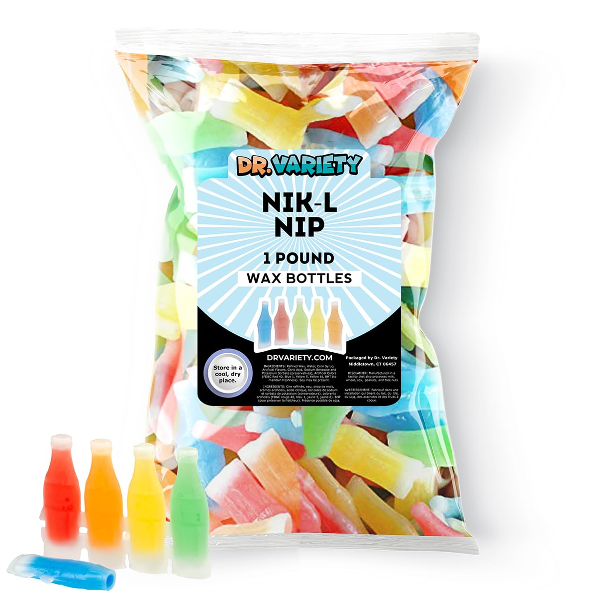 Nik L Nips Wax Bottle Candy Drinks, 1LB Bulk - Nostalgic 90S Soda