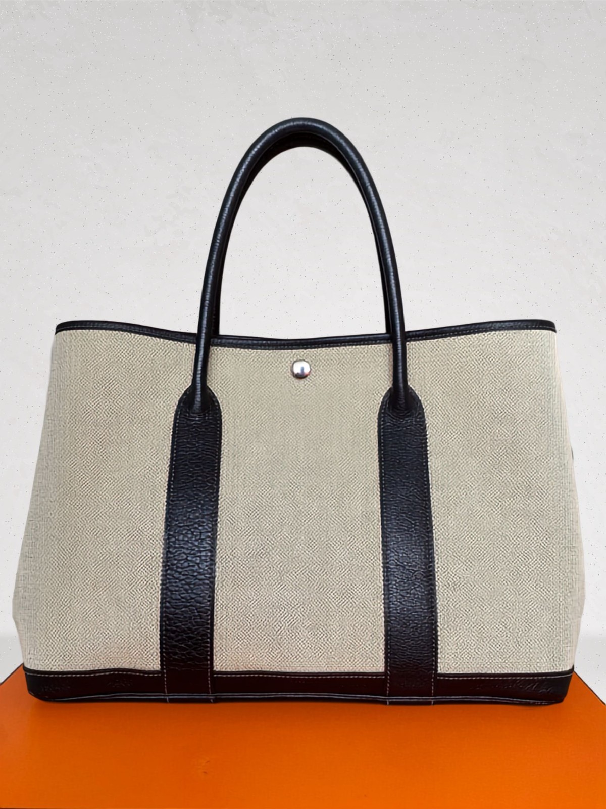 HERMES Garden Party PM Black Canvas Leather Tote Bag From Japan Auth Square L