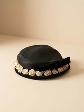 Vintage 1940s 1950s Black Floral Picture Hat Cream Rose Trim Hat Velvet Bow