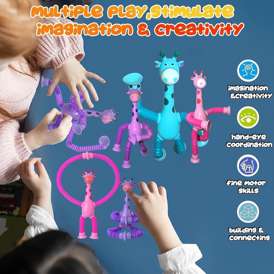 Poptubes Fidgets 4PCS Pop Tubes Telescopic Suction Cup Giraffe Toys,Animal Fidget Toys ...