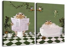 Funny Frog Bathroom Wall Art Whimsical Green Frog in Bathtub Wall Decor Pictu...