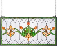 Stained Glass Window Panel. 32 X 17 In. Tiffany Style Hanging Transom Window Pan