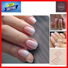 24PCS Press on Nails Short - Square False Nails with Glue - Ombre Stick on Na...