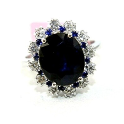 Natural Oval Blue Sapphire & Diamond Halo Solitaire Ring 14k White Gold 6.85Ct