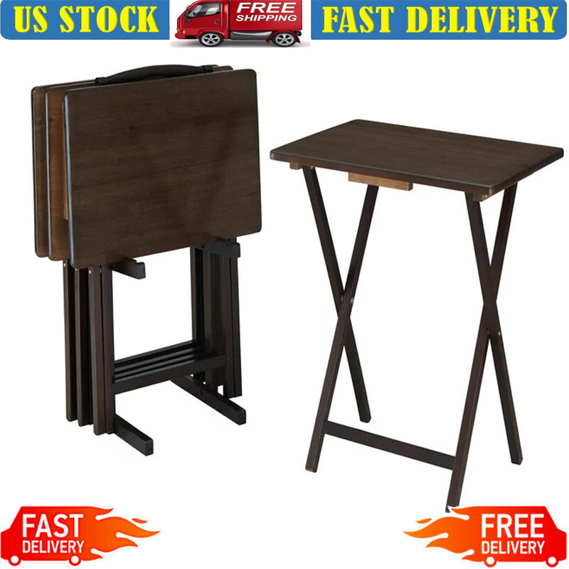 Folding TV Tray Table Set Drinks Snacks Stand Walnut Living Room Bedroom  5-Piece