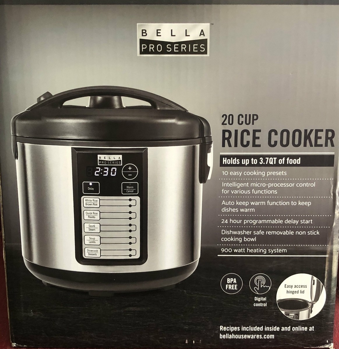 Bella Pro Series 20-Cup Rice Cooker Stainless Steel