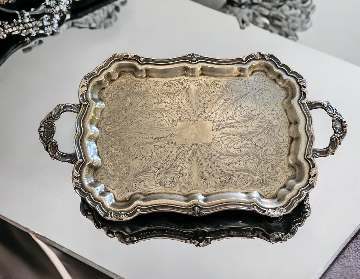 Large Silver Plated Rectangular Handled Tray With Feet Antique