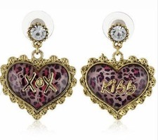 BETSEY JOHNSON GOLD TONE,HEART,XOX,KISS,CRYSTAL,LACE,PINK LEOPARD STUDS EARRINGS