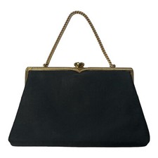 Vintage Coblentz Original Black Satin Gold Frame Evening Clutch Purse Gold Chain