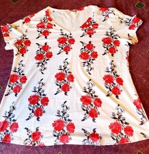Women's Casual Short Sleeve V Neck  White Floral Print T-Shirt Size 2XL