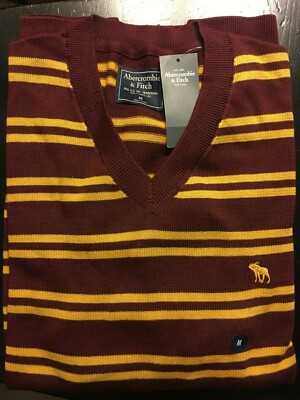 New Abercrombie & Fitch A&F Men VNeck Sweater Strip Burgundy Yellow M medium
