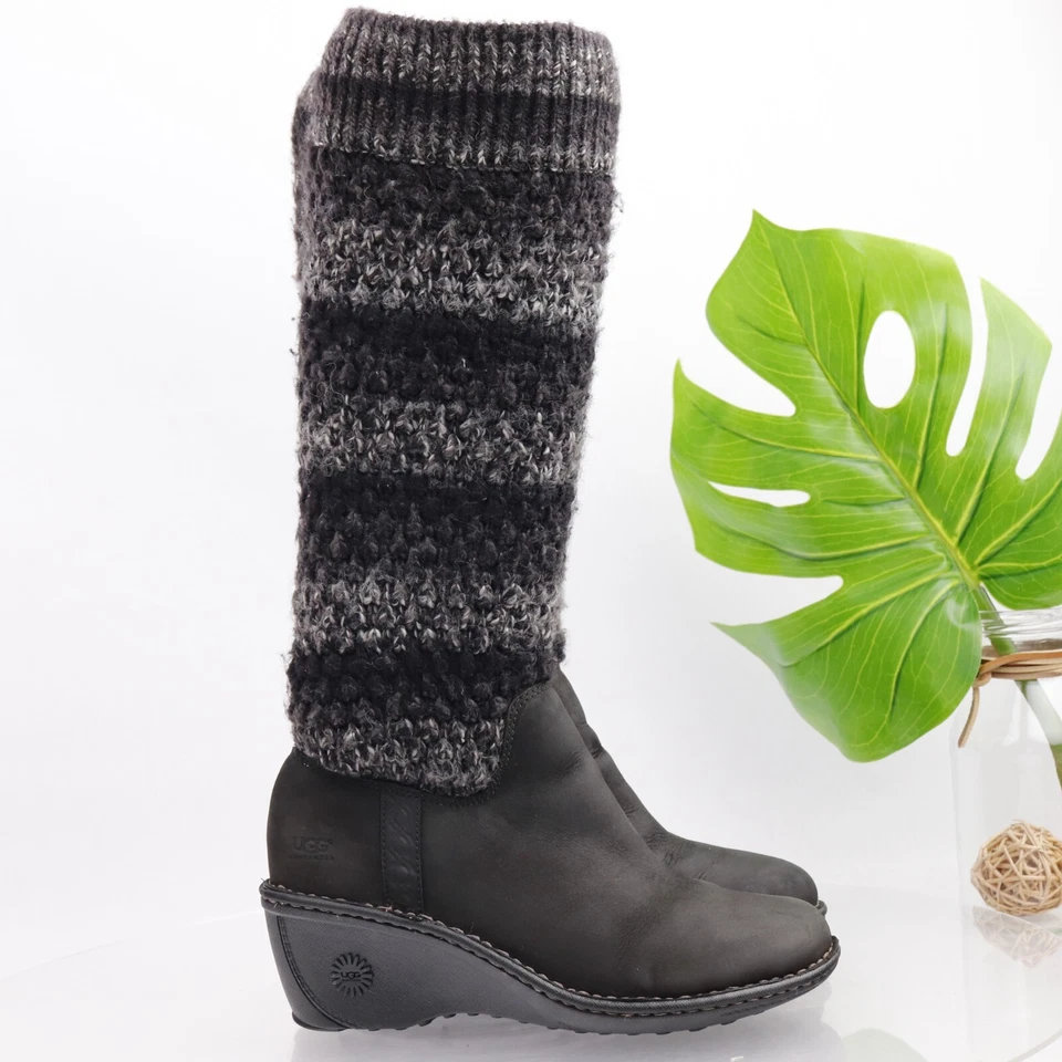 UGG Women's Cresthaven Boot Size 8 Wedge Heel Black Nubuck Gray Knit Pull On - Image 4 of 4