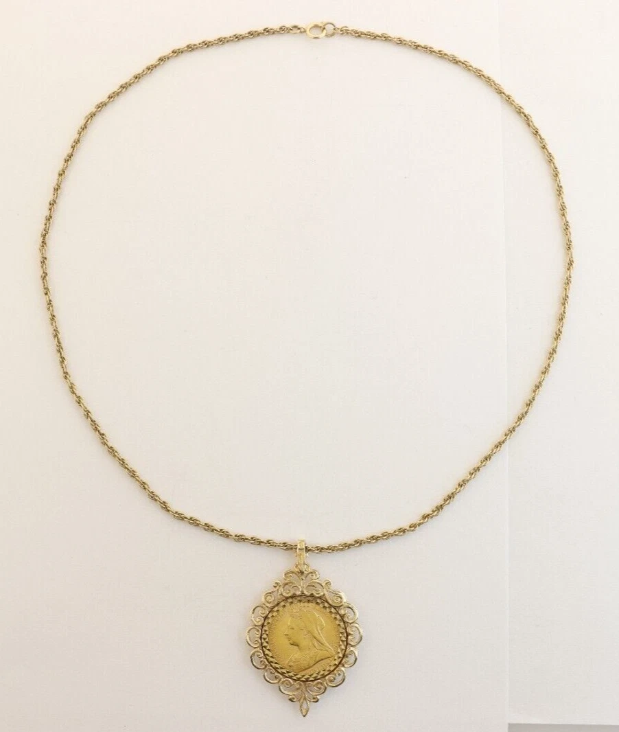 10K Yellow Gold 1901 Great Britain Gold Coin Pendant Queen Victoria CUSTOM Bezel