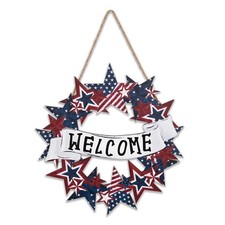 Smile Patriotic Star Wreath Wooden Door Hanger, "Welcome" Front Door Sign for...