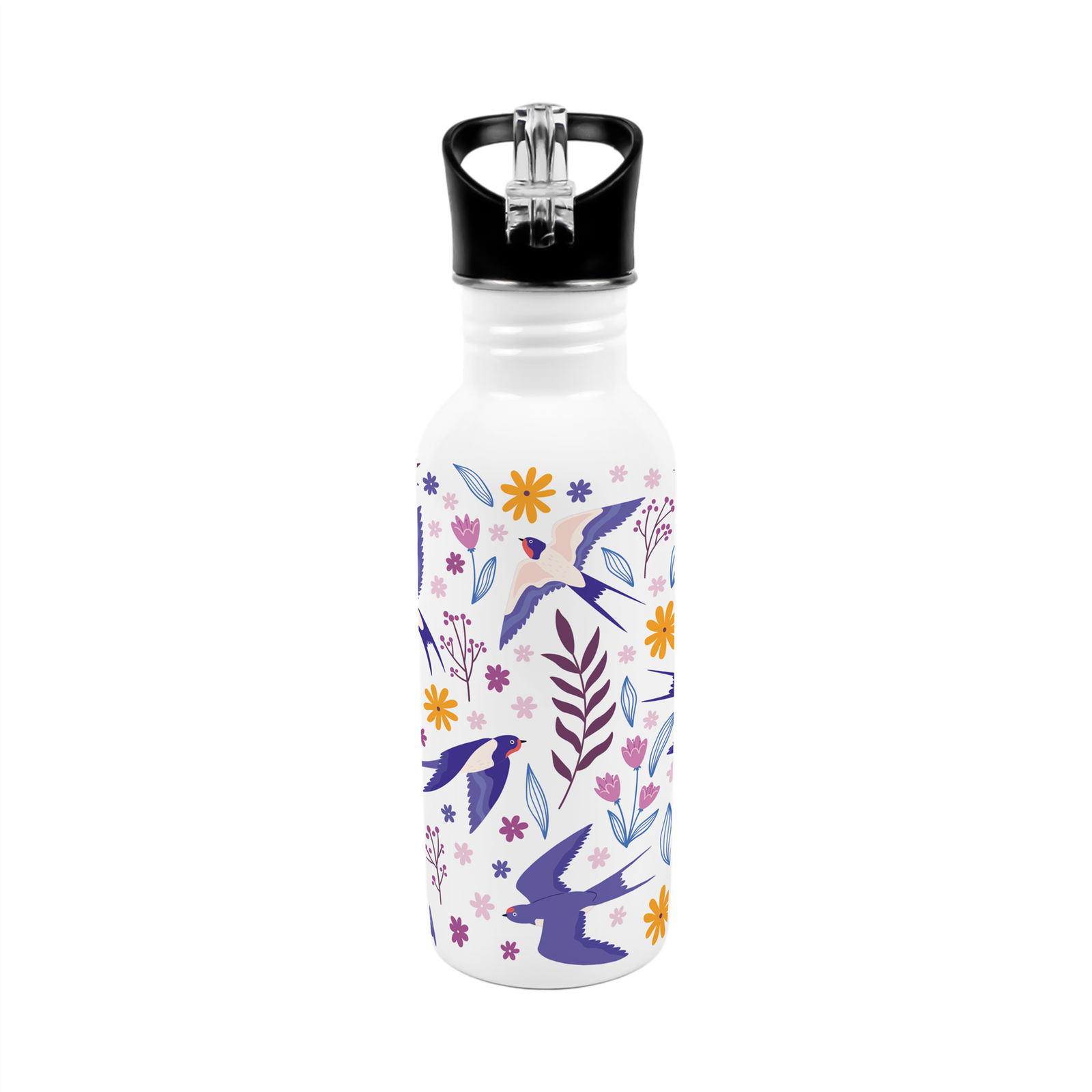 Floral Swallows Metal Canteen Gift  - 600ml Water Bottle with Flip-Straw Lid