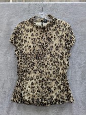 New Directions Blouse Womens Petite XL Leopard Mock Neck Mesh Short Sleeve