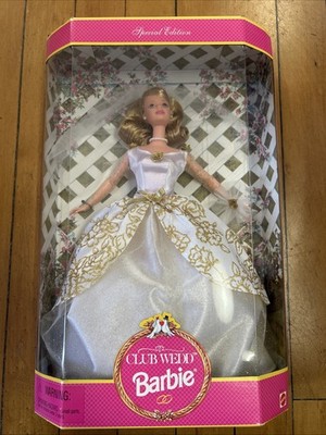 1997 Club Wedd Barbie Doll, Blonde Bride, White & Gold Wedding Dress #19717 NIB