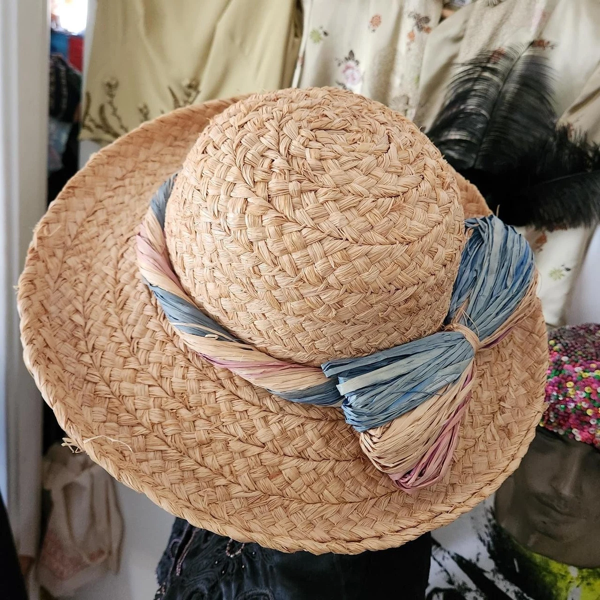 Vintage Betmar Made in Italy 100% Straw Wide Brim Hat with Bow Accent Vintage Betmar Black Straw derby Hat Floral Accent Made in  main image 3