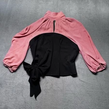7th Avenue Women’s Puff Sleeve Blouse Size S Pink Black Bow Keyhole Zip NWT