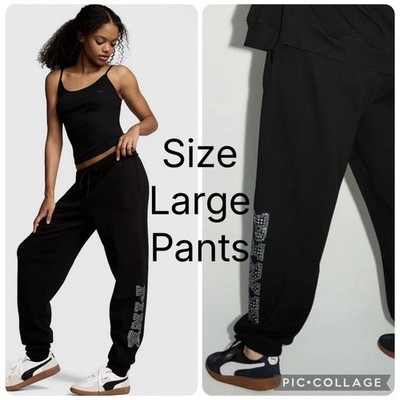 Victoria s Secret Pink VS Pink Black Shiny Rhinestone Shiny Bling sweatpants L