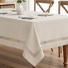 Beige Rectangle Linen Polyester Tablecloth with Decorative Cutouts Spring