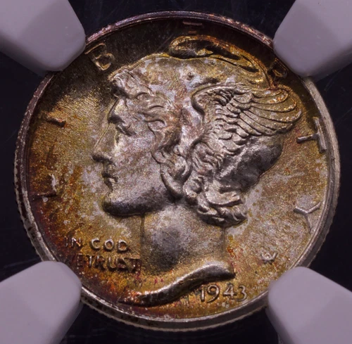 1943-D Mercury Dime NGC MS67+ FB Toned Gem Full Bands- Exceptional Eye Appeal