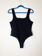 A New Day Black Square Neck Bodysuit Large Stretch Cotton Minimalist Basic