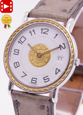  Neuer Batt! [Fast neuwertig] HERMES Serie weißes Zifferblatt 32 mm Datum...