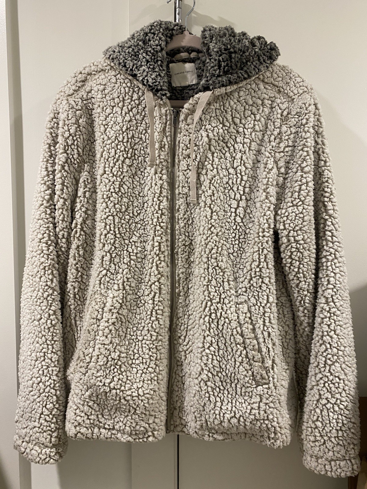 Thread + Supply Ivory Grey Sherpa Jacket Full Zip Lined Pockets Hooded Women's L