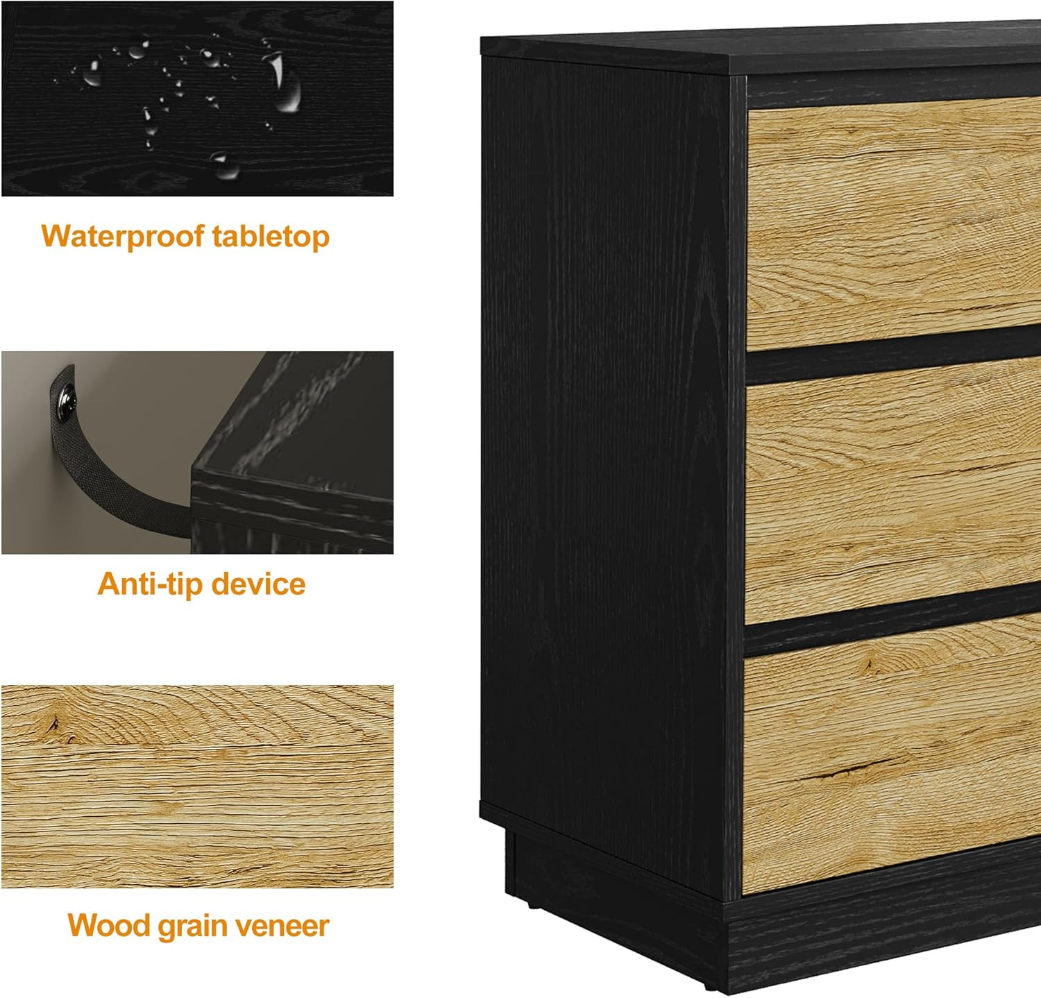 Large Nightstand for Bedroom, Tall End Table with 3 Drawers, Large Bedside Table