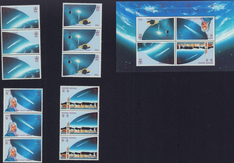 HONG KONG 1986 HALLEY´S COMET STRIP OF 3 SETS + SHEET 461-464a MINT MNH